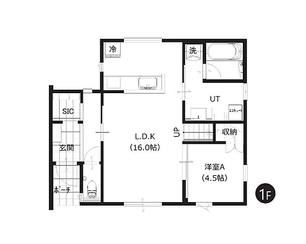 【4LDK】生活動線が良く、家事がスムーズにできる間取り設計。キッチンから洗面室へのアクセスもスピーディーで家事効率アップ。階段はリビング中央にあり、家族の気配を感じられる間取りです。