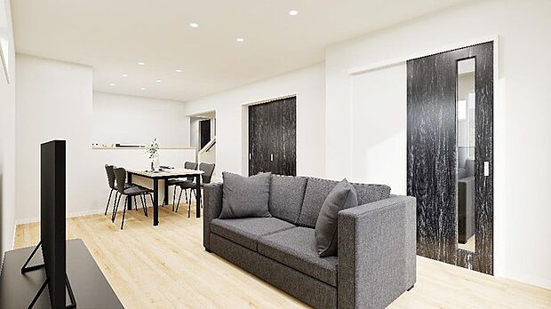 【【B棟 完成予想図】】ご家族とコミュニケーションが取りやすい、対面式キッチンやリビングイン階段を採用したリビングです。