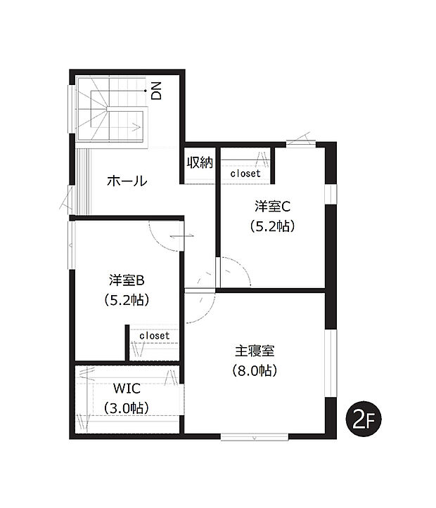 【4LDK】2階は約8帖の広々とした主寝室を含む3部屋。ホール部分はテレワークや、お子様の学習スペースなど多目的に利用でき便利です。
