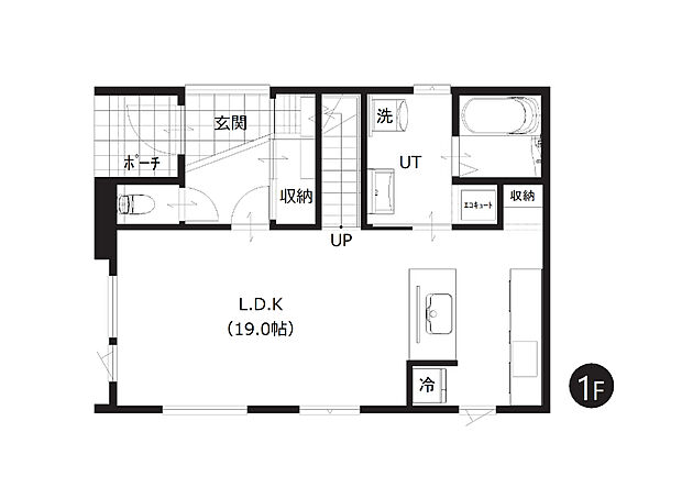 【3LDK】約19帖のLDKは対面キッチンとリビング階段を採用。生活感の出やすい冷蔵庫は、見えにくくする工夫で空間をすっきり演出します。