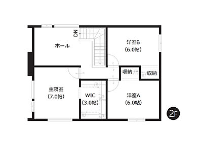 全居室6帖以上のゆとり設計。約3帖のWICを含む全居室収納付きです。広いホール部分はライフスタイルに合わせて多目的に利用できます。 