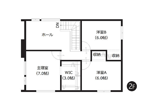 【3LDK】全居室6帖以上のゆとり設計。約3帖のWICを含む全居室収納付きです。広いホール部分はライフスタイルに合わせて多目的に利用できます。