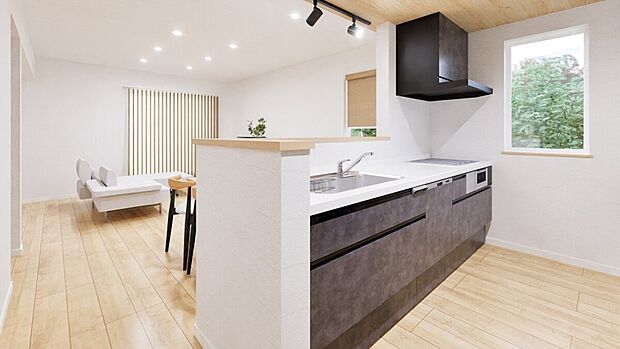 【【完成予想図】】ご家族が並んで作業できるゆとりのあるキッチンスペース。家事の時短になる食器洗浄機付きで、食後ゆっくり過ごすことができます。