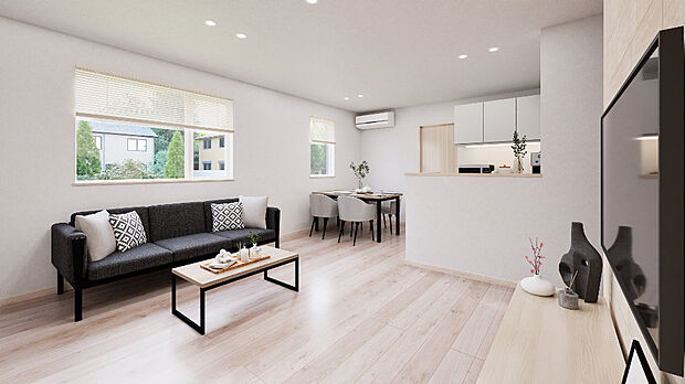 【【完成予想図】】リビングを中心とした間取りでご家族とのコミュニケーションもバッチリ！キッチンを中心に家の中をぐるりと回れる回遊動線を採用しています。