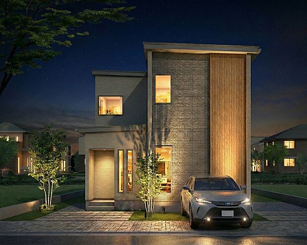 【【2号棟 完成予想図】】カースペースには車種によりお車3台駐車可能。お車の複数台所有にも便利。うれしい家具カーテン付きです。