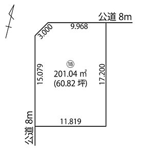 幅員約8ｍの角地。採光・通風が確保しやすい区画です。 
