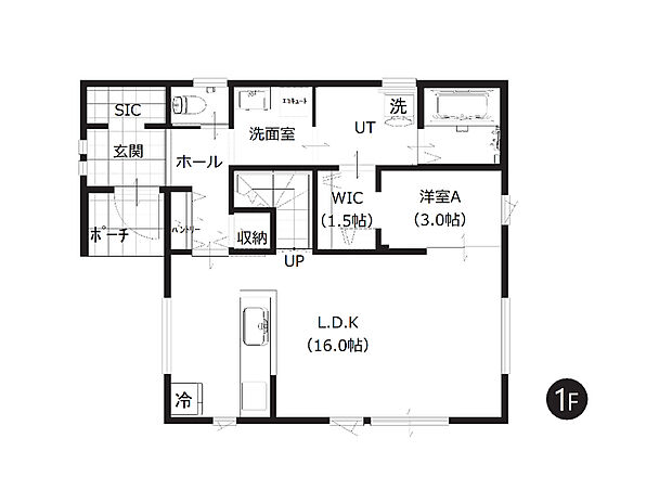 【4LDK】玄関から水廻りへつながる回遊動線プランです。生活動線良好、家事もスムーズにできますね。