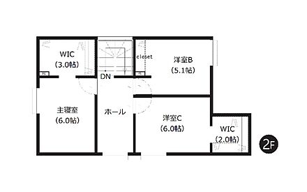 2階には5帖以上の洋室を3部屋配置。収納力のあるウォークインクローゼットを2か所設置し、スッキリとした室内を実現できます。 