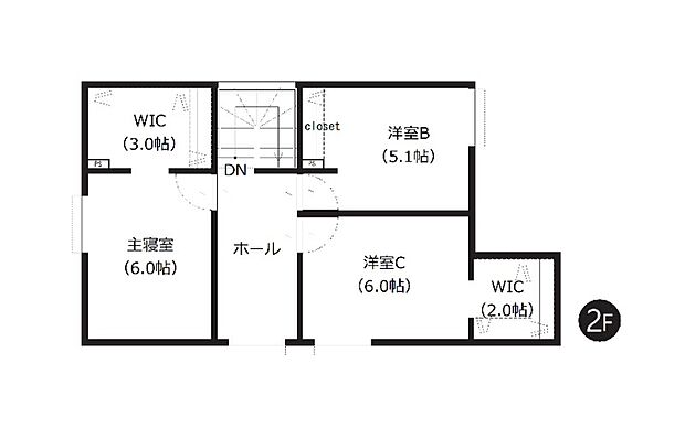 【4LDK】2階には5帖以上の洋室を3部屋配置。収納力のあるウォークインクローゼットを2か所設置し、スッキリとした室内を実現できます。