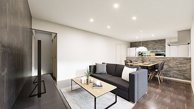 【完成予想図】
ご家族が集まるLDKは15帖以上、ゆったりとお寛ぎ頂ける広さです。玄関からリビングを通る間取りで、家族間のコミュニケーションが増えます。