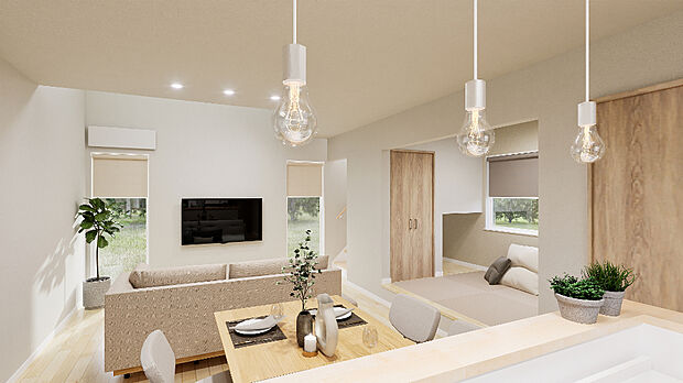 【1号棟 完成予定図】
吹抜けのある約16帖のLDKが魅力。小上がりタタミは趣味のスペースやお昼寝、お子様の遊び場など多目的に使用することができます。