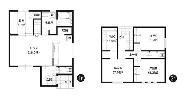 【1号地 間取図】
マルチに活躍するリビングに繋がる和室や、大容量のパントリーが魅力の4LDKです。