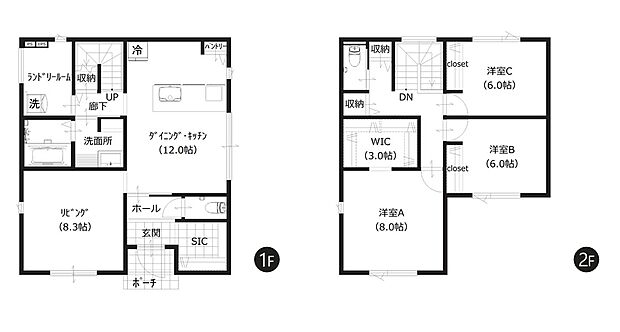 【2号地 間取図】
広々としたランドリールームで家事もスムーズ！WICやSICなど豊富な収納が嬉しい3LDKです。
