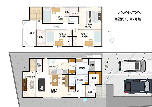 【2号地/間取り図】
回遊性のある水回り動線で、帰宅後の手洗いや忙しい家事がスムーズに行えます。随所に収納が散りばめられており、住空間を広くご使用いただけます。