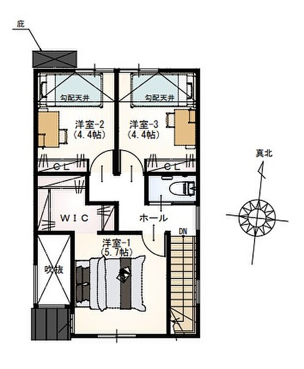 【2階間取り図/4号地】
約5.7帖の洋室に、大容量のWIC付き!シーズンオフの衣類や家電、季節飾りなどを収納でき、住空間を有効にご活用いただけます。
