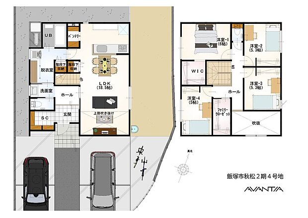 【4LDK】全居室に収納が備わり、住空間を有効に使える間取りです。LDKには吹き抜けが採用され、明るく開放感があります。脱衣室は家事がスムーズに行える回遊動線が確保されています。