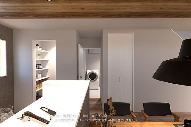 【【1号地/完成予想図/LDK】】水回りが集約された、家事動線の良いレイアウト。毎日の家事をサポートしてくれます。リビング収納があり、掃除用具や生活用品の保管に重宝します。