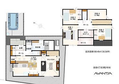 玄関付近に洗面室が配置された、帰宅動線良好な住まい。ゆとりある広さのLDKは、ゾーニングしやすい横長のレイアウト。リビング階段が採用されており、ご家族が自然と集う団らんのスペースになりそうです。 