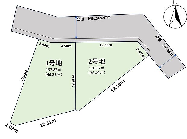 【-】敷地面積は約46.22坪(1号地)、約36.49坪(2号地)。2区画それぞれ駐車スペース2台分有り(車種による)。前面道路の幅員は約4.2m~5.2m。アスファルト舗装が施されています。