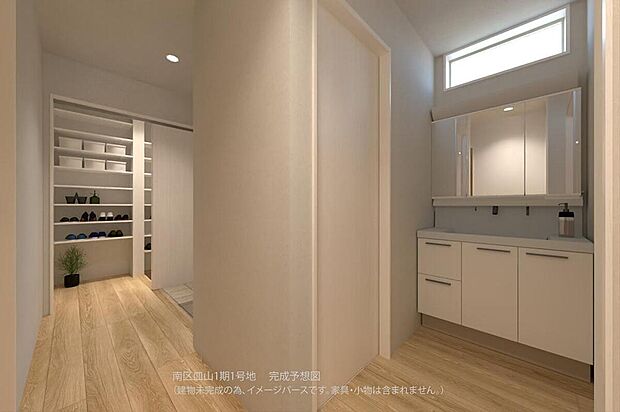 【【完成予想図(玄関)/1号地】】玄関すぐに洗面台があるので、帰宅後すぐに手洗いができて衛生的です。ご家族分の靴などを保管できるスペースが設けられています。