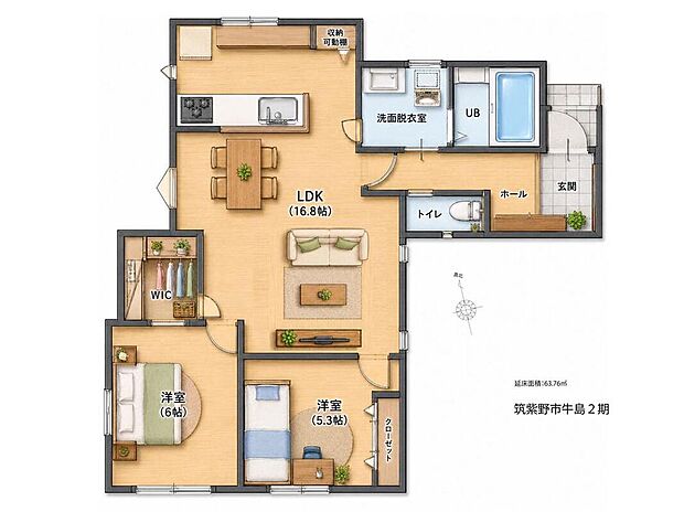 生活・家事動線がワンフロアで完結する、平屋プラン。ご家族と顔を合わせやすく、絆を深めやすい間取りです。/建物面積：63.76m2、建物価格：1738万円、セット価格：4298万円。