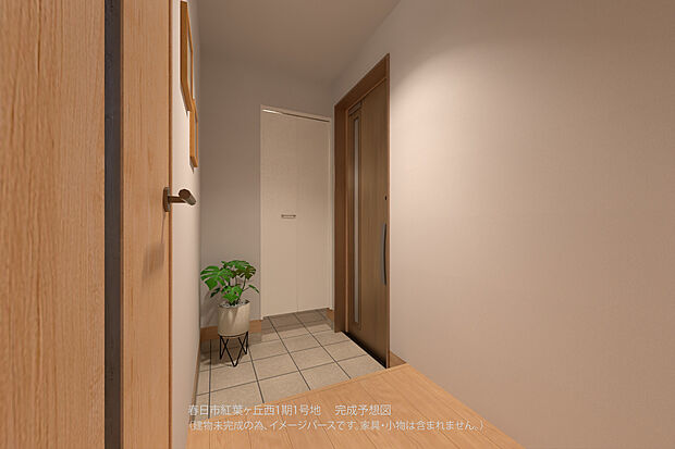 【【1号地/完成予想図/玄関】】SCが設けられた玄関スペース。お履き物のほかに、ベビーカーやゴルフバッグ・スーツケースなどを保管することができます。