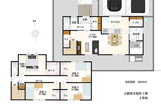 【4LDK】【2号地】
ご家族のコミュニケーションを育むリビング階段が採用されたLDK。キッチン部分は折下げ天井が施され空間にメリハリを生み出します。各洋室は振り分けタイプ。ご家族のプライバシーに配慮された設計です。