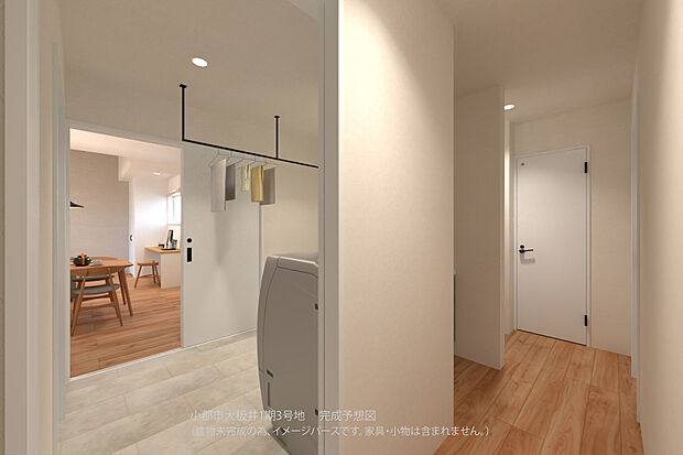 【【ホール/3号地完成予想図】】脱衣室を通り抜けLDK、玄関へと回遊できる動線が良好な間取り設計。水回りが集約され、家事動線に配慮されています。