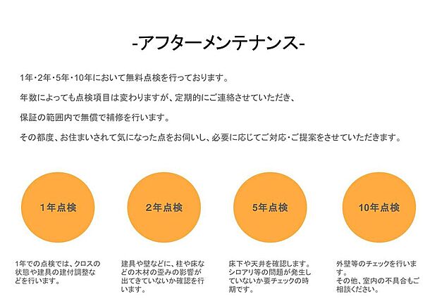 【アフターメンテナンス　】1年、2年、5年、10年の間隔で定期点検を実施。お住まい中の気になる点も、お気軽に相談できます。