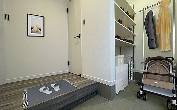 【シューズクローゼット】十分すぎる程のシューズクローゼット♪
高さ調節が簡単にできるため、ベビーカーやアウトドアグッズも収納できます♪
ご主人様の趣味のものを置いても◎