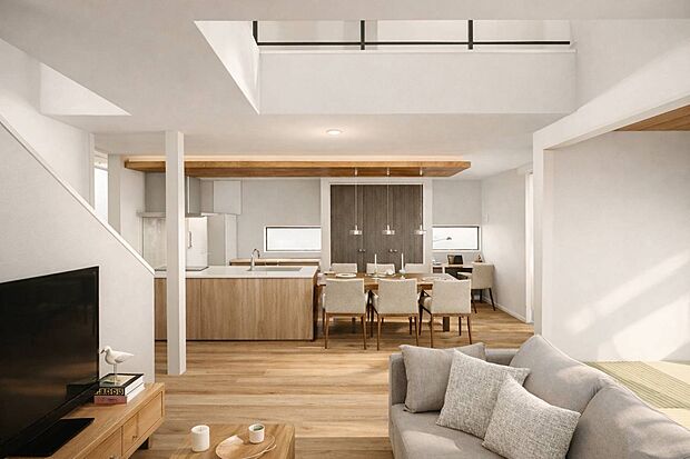 【内観パース】キッチンには大容量パントリーも設けています。LDKから続く畳コーナーでも、ゆったりとした寛ぎのひとときを。