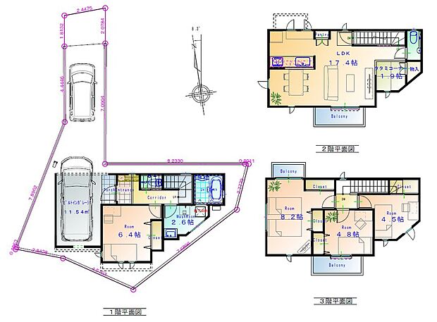 【3階建てプラン 延床34.82坪(ガレージ3.98坪含)】建築本体価格 ¥18,500,000 建築確認申請費用¥750,000+外構費用¥600,000