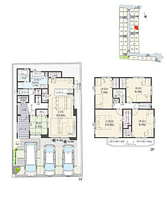 5LDK+Wウォークインクローゼット+玄関収納+リビング収納+パントリー+ランドリースペース
駐車3台可
※有効敷地面積／160.42m2 (48.52坪) 
※延床面積にポーチ面積の一部(2.13m2)含む

5.0帖の広々洗面室にはランドリースペースを設けています。洗う・干す・乾かすがここで完結でき、家事動線良好！ 
