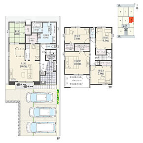 5LDK+Wウォークインクローゼット+玄関収納+パントリー+ランドリースペース
駐車3台可
※有効敷地面積／168.54m2 (50.98坪) 
※延床面積にポーチ面積の一部(0.22m2)およびバルコニー面積の一部(2.37m2)および設備設置スペースの一部(0.50m2)含む

LDKは南側・西側の2面採光を確保し、明るく風通しの良い空間です。全居室に収納付きです。 