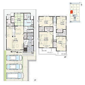 5LDK+Wウォークインクローゼット+玄関収納+コートクローク+リビング収納+パントリー
駐車3台可
※有効敷地面積／168.89m2 (51.08坪)

全居室6.0帖以上のゆとり。LDKと和室は一体利用で、26.0帖の広々空間に。 
