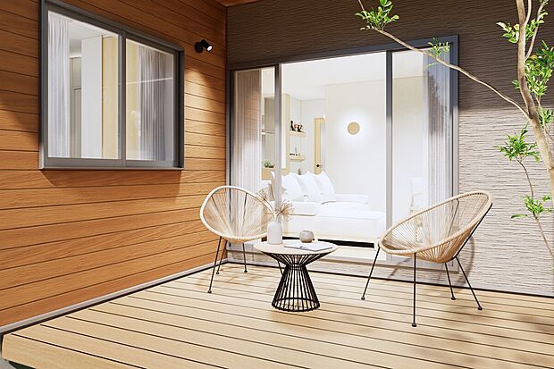 【ウッドデッキ】晴れた日はウッドデッキに出て、アフタヌーンティーやバーベキューをしたり、子どもたちの遊び場としても◎3号地｜完成予想パース