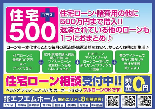 通常は自己資金でご準備する家具・家電や車のローンなども、エフエムホームでの御成約で“低金利の住宅ローン”に組み込むことができます♪