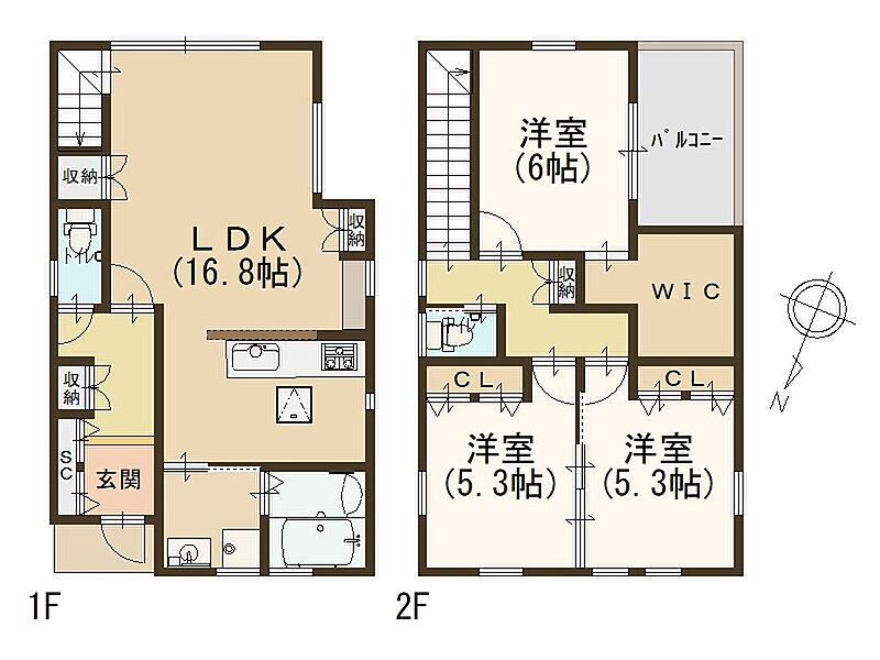 【間取り/2号地】
16帖超のLDKは、2面採光で明るく風通しの良い空間です。2階の洋室は、プライバシーを確保しやすく振り分けタイプ。