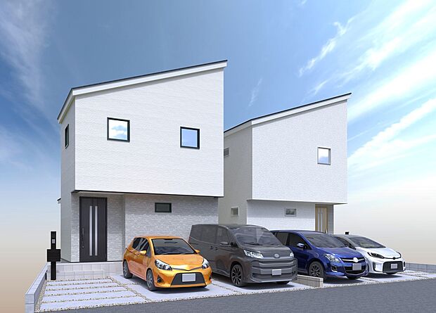 【外観イメージパース】
片流れ屋根がお洒落!スタイリッシュな外観デザインです♪
並列2台駐車可能なカースペースを確保できます◎