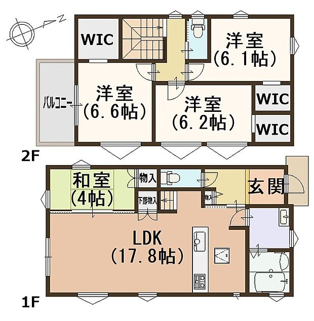 【2号地・参考プラン】
対面式キッチンやリビング階段仕様で家族間コミュニケーションもバッチリ☆
3か所のWICなど、収納充実!南向きバルコニー付き♪