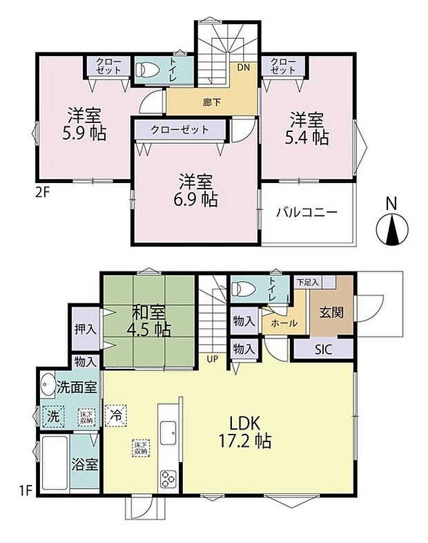 【2号地・間取り】
全居室に収納付きの住まい♪
開放的な対面式キッチンやリビング階段を採用！