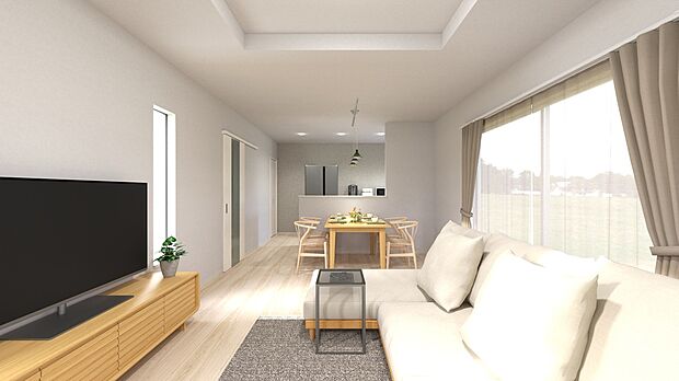 【3号地・LDKパース】
ご家族が集うLDKは、広さ約16帖♪折り上げ天井が開放感を演出!家具配置のしやすい縦長の間取りです◎