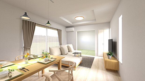 【3号地・LDKパース】
リビング横には、約4.5帖の和室を配置!引戸を開放すると、計約20.5帖の空間に♪シーンに応じて使い分けできます。