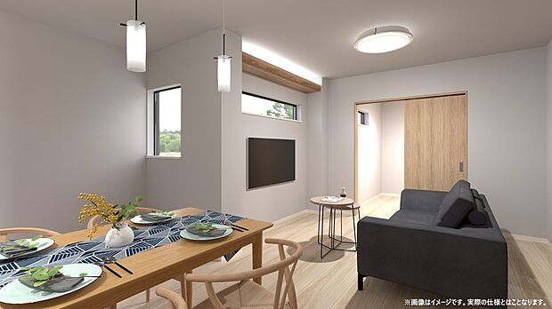 【3号地・LDKパース】
リビングとダイニングを緩やかにゾーニングしやすい間取り。程よい距離感で一体感が生まれます。