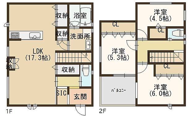 【【1号地・間取りプラン】】1階面積：49.27m2
2階面積：38.53m2
家具のレイアウトを考えやすい縦長LDKは、17帖超の広々空間！リビング階段や対面式キッチン仕様で、ご家族の顔を合わせる機会が自然と増えます♪