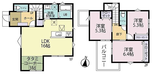 【【2号地・参考プラン】】キッチンと洗面室を近くに配し、家事動線がスムーズ◎
約16帖×3面採光のLDKで、家族団らんの時間をゆったりと過ごせます♪
バルコニーは洋室2か所からアクセスできる便利な設計!