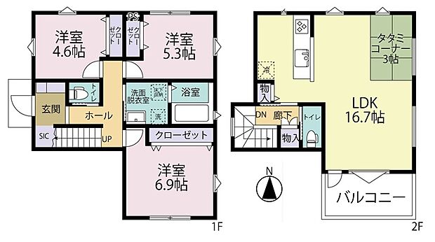 【【参考プラン(2)】】プライバシーを守りやすい2階リビングは、3面採光で明るく風通しの良い空間です♪
全居室収納付きで、住空間がすっきりと片付きます◎
◆1階面積:49.68m2/◆2階面積:39.74m2