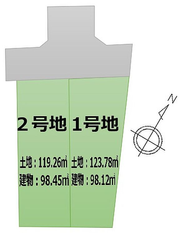 敷地面積36坪以上の全2区画！車通りが少ない閑静な住宅地に位置しています。東側隣地が下がっているので、1号地は開放感があります◎