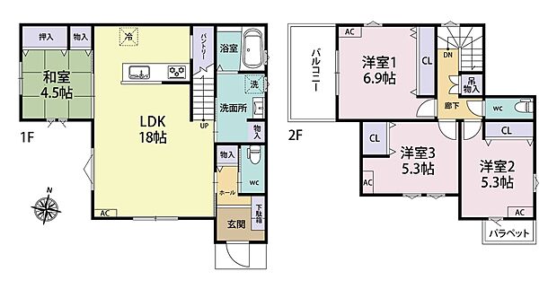 【4LDK】ゆったりと寛げる約18帖のLDK♪隣接する和室は、来客用やお子様の遊び場などに使えます◎2階の洋室は振り分けタイプにつき、プライベート時間もゆったりと寛げます。
※有効宅地面積:133.42m2(40.35坪)
