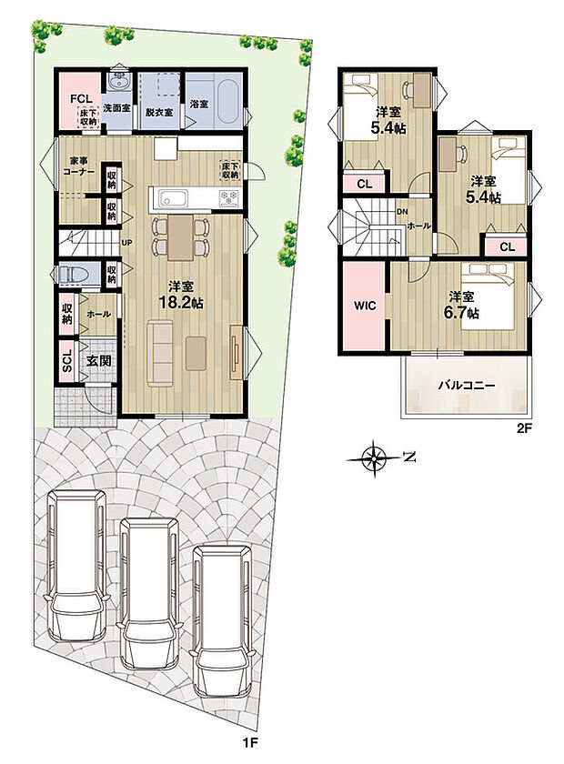 【【5号地・参考プラン】】LDKの一角に家事コーナーを設けた間取り♪キッチン背面に水廻りを集約しているため、家事動線良好です◎FCLやSCLなど全居室に収納を設けています!